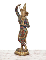 Side view Tara Devi brass statue, multicolor enamel, dancing stance and headdress