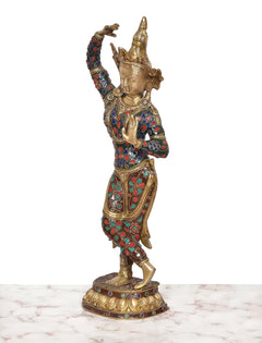 Side view Tara Devi brass statue, multicolor enamel, dancing stance and headdress
