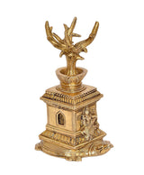 Brass Tulsi plant idol statue, front-facing mandir base with window motif, 6 inch