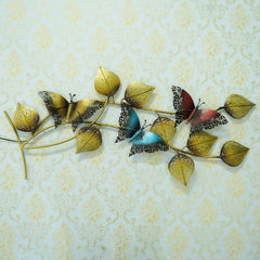 Metal leaf and butterfly wall hanging with LED effect, gold, black and blue accents