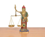 Brass Lady Justice with balance scales and round pans, multicolor ornament