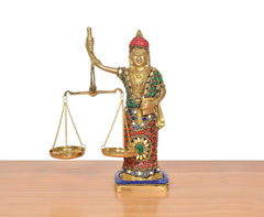 Brass Lady Justice with balance scales and round pans, multicolor ornament