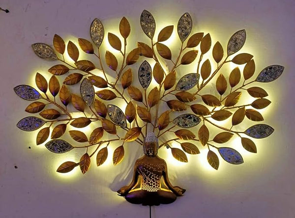 Iron Moksha Tree of Buddha Wall Mounted with LED Light, (Height: 32 Inches) Entryway Setting