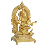 Golden brass Ganesh idol side view, detailed halo and seated pedestal base