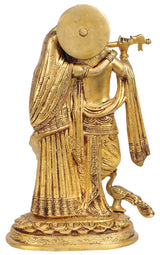 Back view brass Radha Krishna idol with peacock; gold finish; round disc detail.