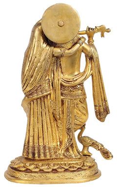 Back view brass Radha Krishna idol with peacock; gold finish; round disc detail.