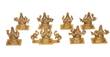 Gold-tone brass Ashta Lakshmi mini statues, multiple poses on square plinth bases