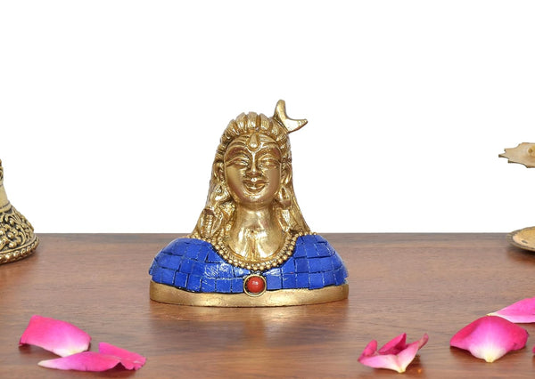 Brass Lord Adiyogi Shiva Idol (Height :2.5 inch) (Blue) Study Setting