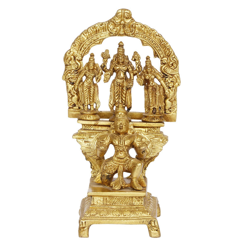 AONA Brass Shri Maha Vishnu with Sridevi Bhudevi on Garuda Bhagwan Murti