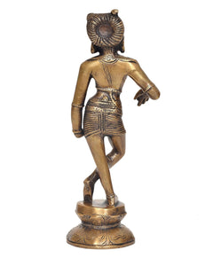 Messingfarbene Shiva-Skulptur von hinten, detaillierter Kopfputz, stehend auf Sockel