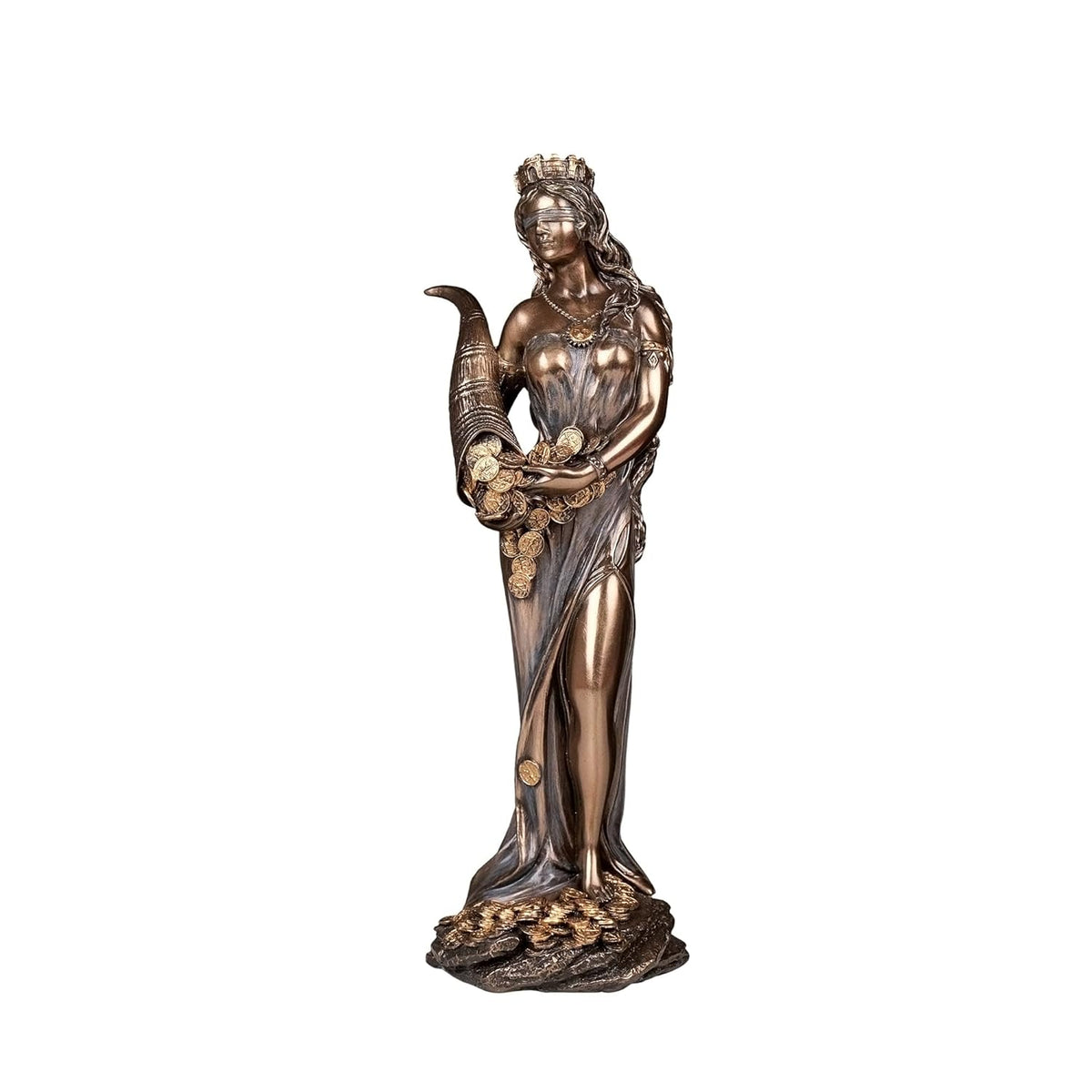 Roman Fortuna resin figurine, bronze-toned goddess holding coins, standing on base
