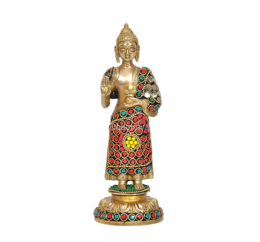 Brass Standing Buddha Abhaya Mudra Idol (Height: 8 Inch)