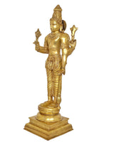 Brass Lord Vishnu statue side view, four-armed standing figure on pedestal