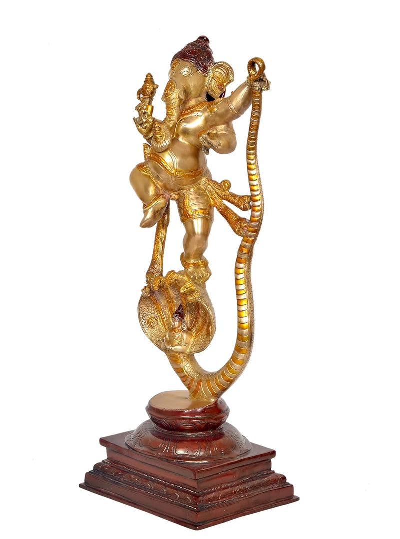 Brass Lord Ganesha Dancing on Serpent Shesha - Hindu Deity Idol for Puja and Gifts (Height 26 Inch)