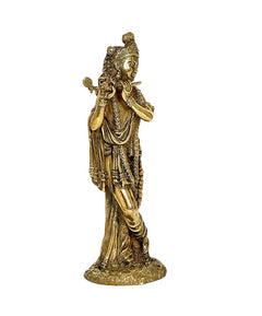 Standing Lord Krishna brass idol holding flute, detailed robe and crown