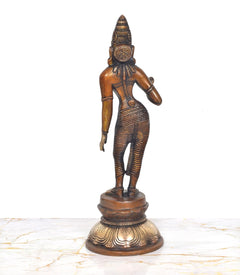 Brass Devi Uma Parvati statue, rear side view with back detailing and round pedestal base