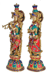 Radha-Krishna brass figurine, 18 in, side view with jeweled outfits and flute