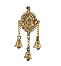 Brass circular Om charm with three bell dangles and ornate border