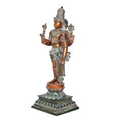 Brass Hariharan statue, half Shiva half Vishnu, side view with green sash and striped legs