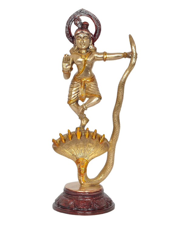 Brass Krishna Bhagwan Murti Dancing on Kaliya Naag Religious Statue for Home Temple Pooja Mandir Office Decor (Height 13 Inch)