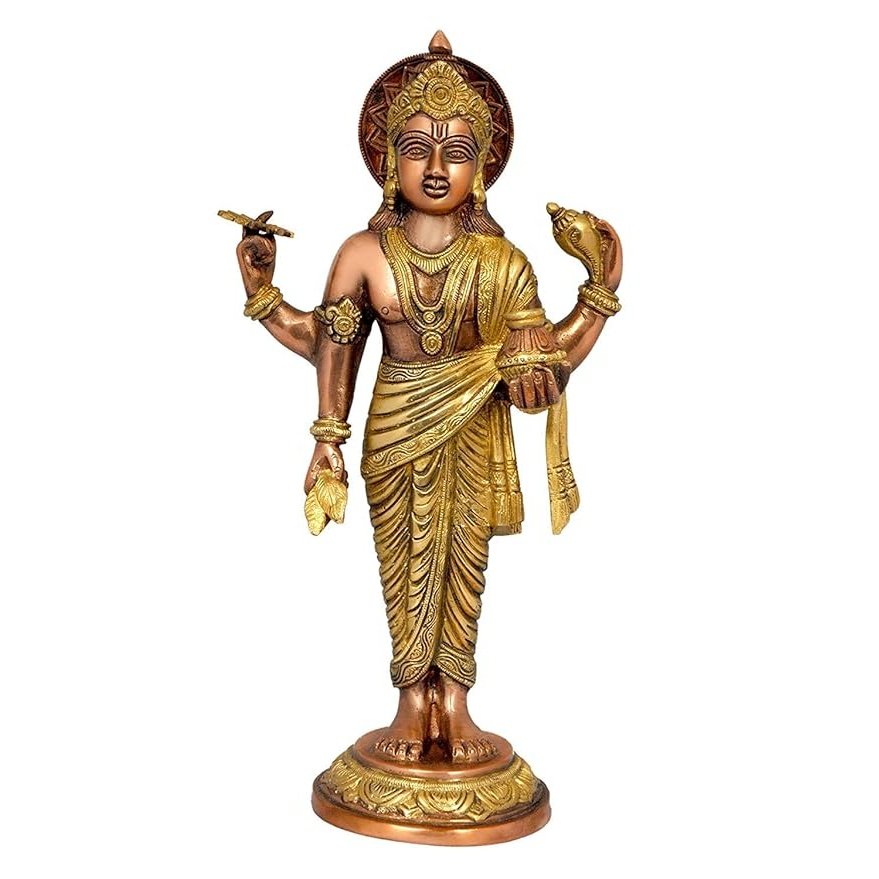 Brass Dhanvantri deity statue, raised arms, ornate gold-tone detailing, 15.5 in