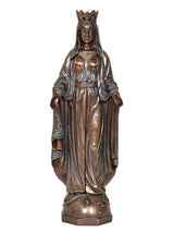 Mother Mary resin statue standing with crown and flowing robe, front view, bronze finish