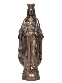 Mother Mary resin statue standing with crown and flowing robe, front view, bronze finish