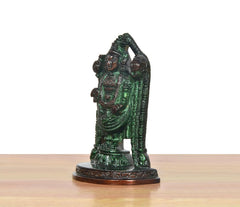 Tirupati Balaji brass idol, 4 inch tall, side view showing raised hands, green finish