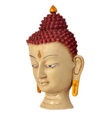 Resin Buddha wall hanging, angled head with red curls, gold earring and closed eyes