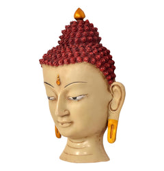 Resin Buddha wall hanging, angled head with red curls, gold earring and closed eyes