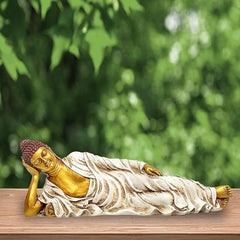 Ruhender Buddha-Idol aus Polyresin, goldene und weiße Gewänder, seitliche Ansicht