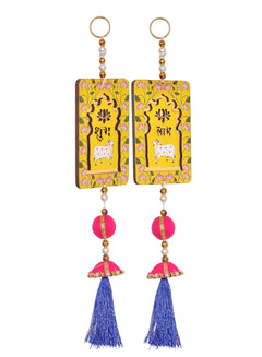 Door hanging pair with yellow Shubh Labh tags, pink round bead, blue tassel bottom