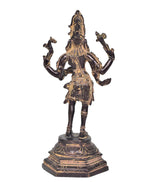 Brass Shiva statue, four arms spread, intricate torso ornaments, pedestal base