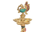 Brass peacock diya stand top bowl with green detail and red bead accents