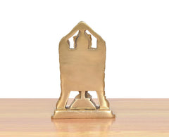 Brass Tirupati Bala Ji idol back view, smooth arch with cutouts, golden base