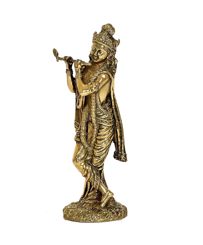 Brass Lord Krishna Idol Figurine Sculpture Playing Flute Statue Decorative Showpiece, (Height 6 Inch)