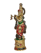 Krishna-Messingidol mit Flöte, buntes Gewand und Schmuck, auf Sockel, ca. 15 Zoll
