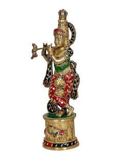Krishna-Messingidol mit Flöte, buntes Gewand und Schmuck, auf Sockel, ca. 15 Zoll