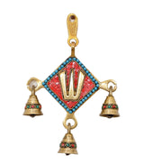 Brass Balaji wall hanging idol, red-and-blue diamond panel with three decorated bells