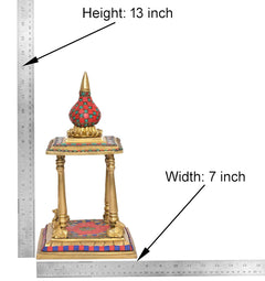 Brass pooja mandir size: 13 in height, 7 in width, multicolor painted dome