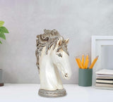 White polyresin horse head decor with detailed mane and ornate base, 12.5 in tall