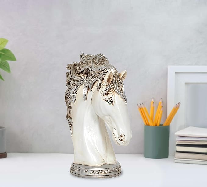 White polyresin horse head decor with detailed mane and ornate base, 12.5 in tall