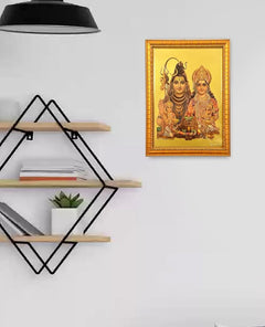 Framed Shiv Parivar foil poster with golden border, family deities seated artwork