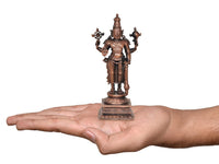 Copper Vishnu standing statue held in palm, small shrine showpiece