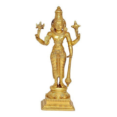 Brass Vishnu statue, four-armed standing figure with raised arms and detailed carvings
