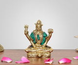 Brass Bholenath Lord sculpture, seated with raised hands, teal and red details