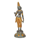 Brass Uma Parvati statue front view, grey face, gold crown, raised blessing hand