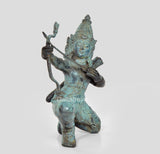 Kleine Bronzefigur Rama mit Dhanush, blaugrüne Patina, dynamische Pose auf Pferd