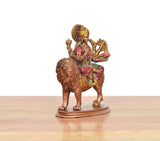 Durga Maa resin statue riding lion, front side view, red and green painted attire