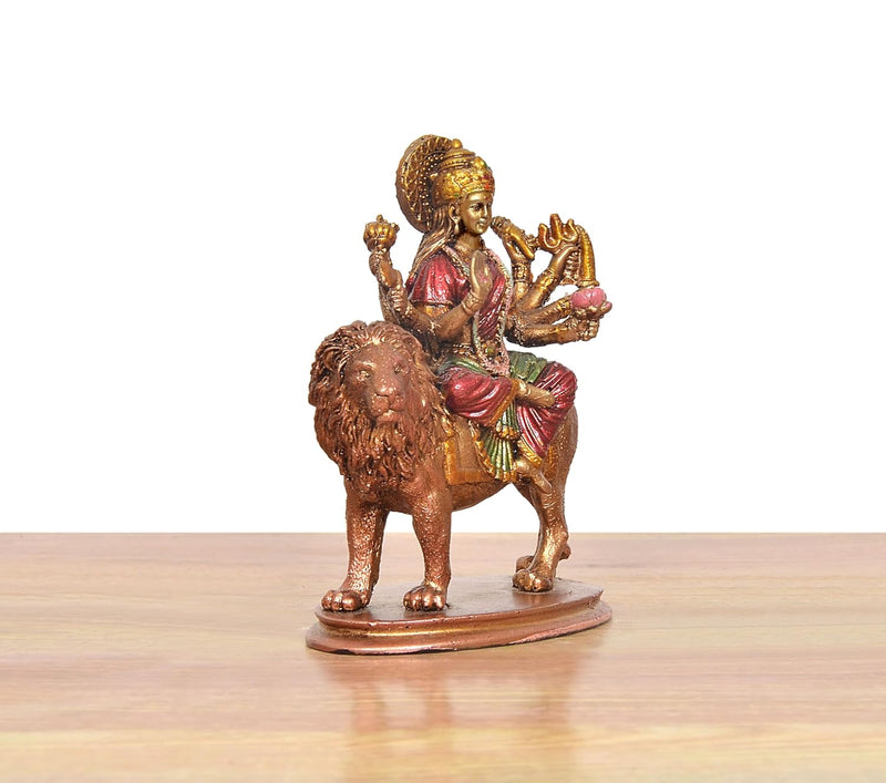 Resin Durga Maa with Lion Idol – Hindu Goddess Sherawali Mata Murti for Home Temple, Pooja Mandir & Car Dashboard (Height :3.5 Inches)